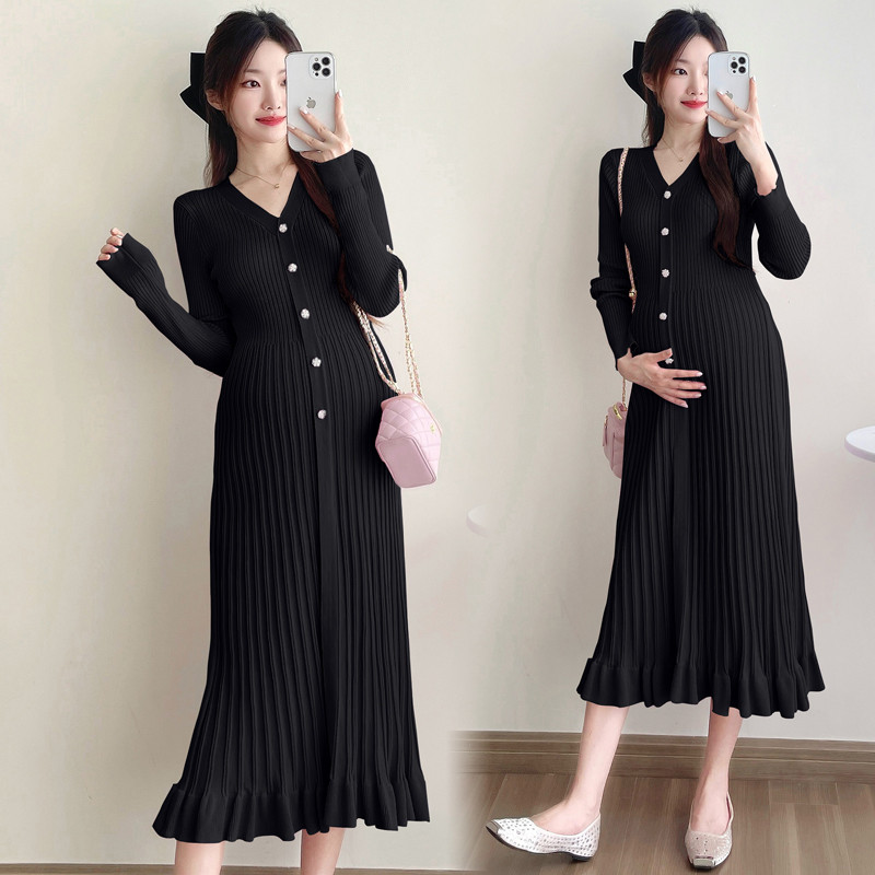 Trang phục bà bầu Thu Đông 2024 Thời trang Cổ chữ V xếp li Đan bà bầu Slimer Nhìn bà bầu