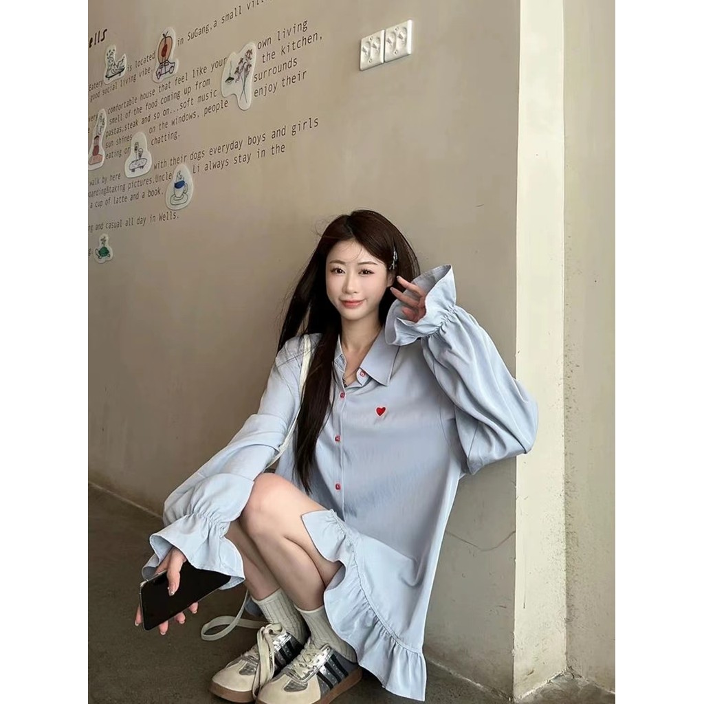 Suxi Pháp Retro Rời Mới Thường Ngày Mùa Thu Tình Yêu Thêu Lá Sen Edge Áo Dài Tay Nữ Top 241002