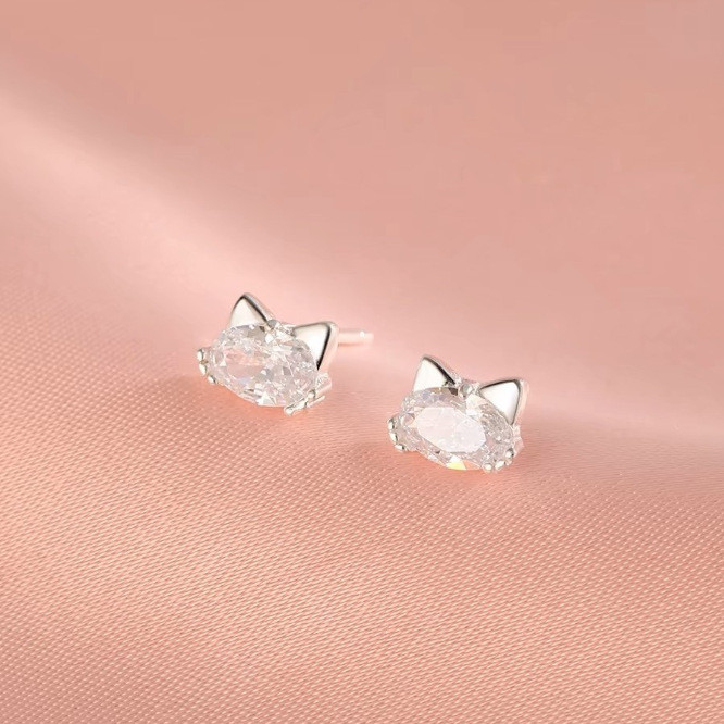 Bông tai mèo bạc S925 thời trang Zircon đơn giản Ngọt ngào nhỏ phù hợp