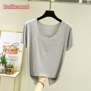 Áo thun nữ modal cotton tay ngắn mùa xuân hè 2024 dáng rộng cổ chữ U Plus Size