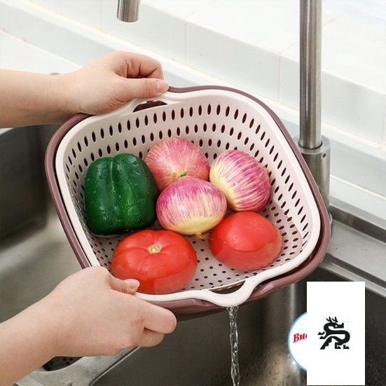Bộ rổ vuông 2 lớp Việt Nhật (MS:3288/3289/3290) - Bộ rổ kèm chậu hứng nước rửa rau củ đựng hoa quả trái cây Br 01542