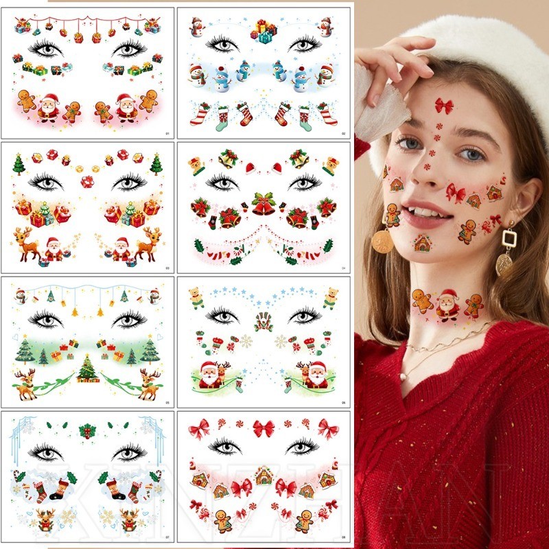 Nhãn dán mặt Giáng sinh - Dành cho ngực, vai, cổ, cánh tay - Đồ dùng trang trí lễ hội - Nhãn dán hình xăm nghệ thuật toàn thân DIY - Chống thấm nước, tạm thời, thực tế