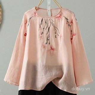 Mùa Hè 2025 Mới Nữ Vải Lanh Cotton Thêu Chống Nắng Áo Sơ Mi Tay Dài Thời Trang Nhẹ Plus Kích Thước Vải Lanh Cotton Top