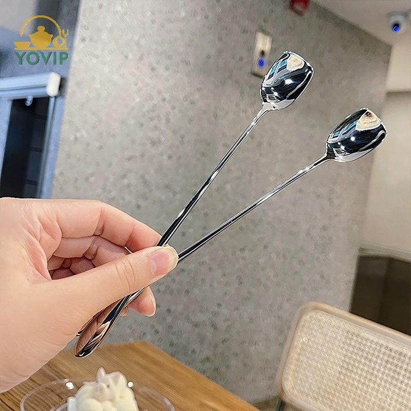 YOVIP 20CM Thép không gỉ Tay Cầm Dài Thìa Khuấy Sáng Tạo Kem Món Tráng Miệng Muỗng Cocktail Hàn Quốc Cà Phê Trà Trộn Thìa Flatware VN