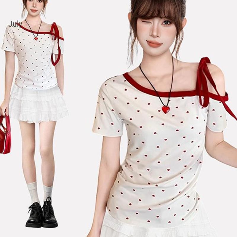 JULYHOT Mùa Hè Ngọt Ngào Retro In Hình Trái Tim Ngoài Vai Phối Ren Tay Ngắn Slim Áo Thun Nữ Massivedeals