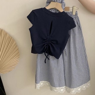 Bộ Đồ Bé Gái Bộ Đồ Bé Gái Phong Cách Mới Trẻ Em Quần Áo Mùa Hè Bé Gái In Hình Tay Ngắn Kẻ Sọc Quần Ống Rộng Bộ Đồ Hai Mảnh