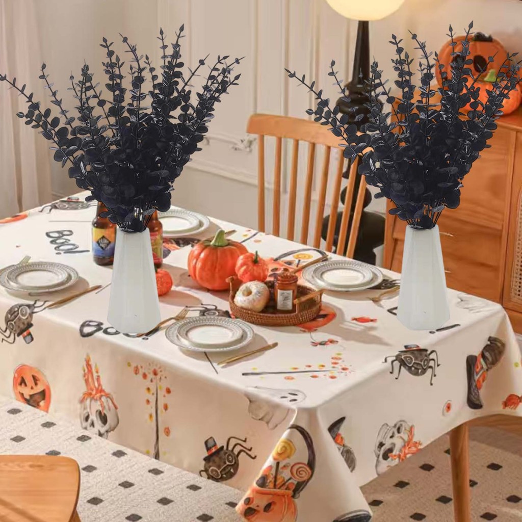 Đồ trang trí Halloween Lá bạch đàn màu đen nhân tạo 38cm Phong cách tối với thân dây có thể uốn cong - 10 / 40 CÁI Trang trí nhà cửa tiệc ma quái