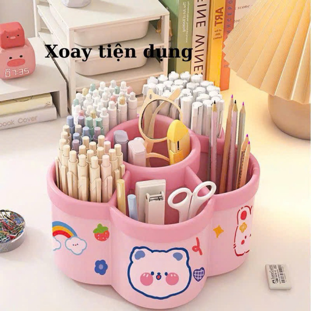 Khay đựng bút để bàn (size to) xoay 360 độ, hình bông hoa dung tích lớn