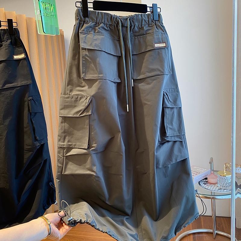 Xuân Thu Plus Size 150kg Váy chữ A dáng rộng thông thường Váy dây rút đa năng Váy bảo hộ lao động nữ