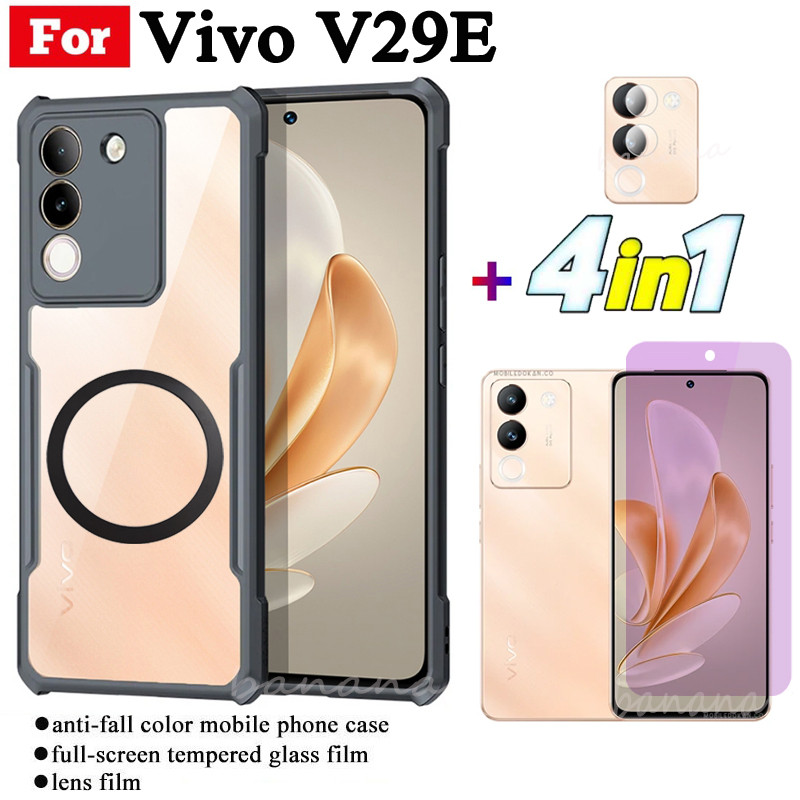 Ốp điện thoại chống sốc 4 trong 1 Vivo V29E có nhãn dán sạc không dây từ tính cho Vivo V27E V25E V23E V40 Lite V50 Lite Kính cường lực bảo mật chống gián điệp + Phim ống kính