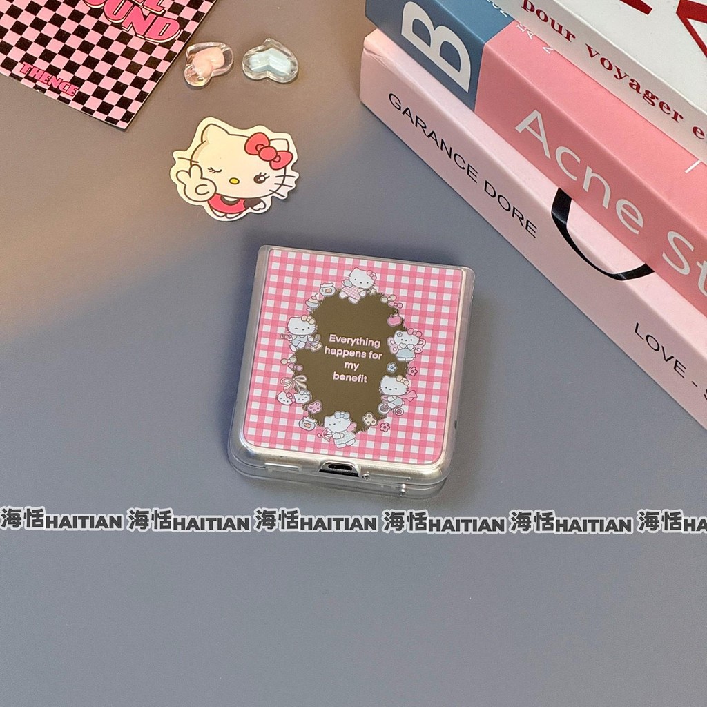 Gương Màu Hồng Checkered Kitty Vòng Tay Thích Hợp Cho Samsung Galaxy Zflip7 Vỏ Điện Thoại Hoạt Hình Dễ Thương Dây Gấp Vỏ Cho ZFlip 7 6 5 4 5G N3flip Mixflip Vỏ Bảo Vệ
