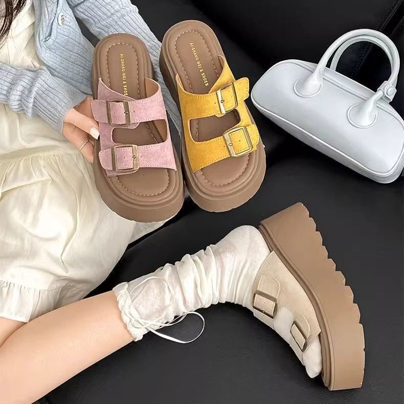 🔥Còn hàng🔥Dép nữ đế cao 7CM Đáy dày răng chống trượt da chất lượng cao thiết kế khóa（size35-40）