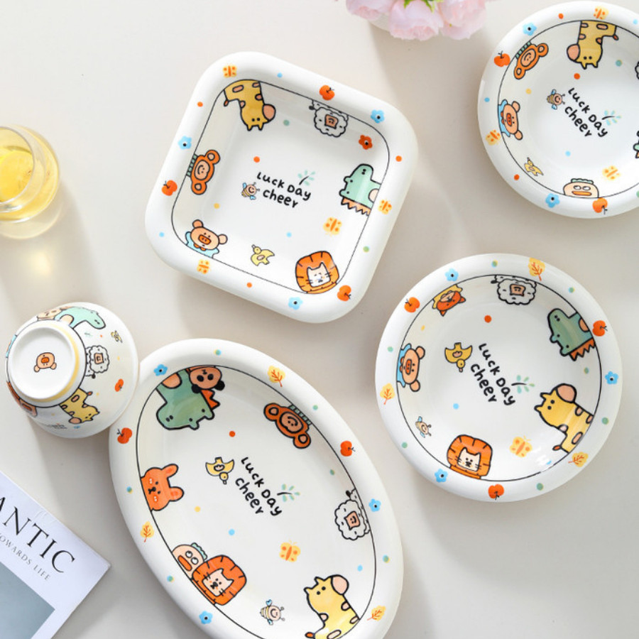 Bộ Bát Đĩa Sứ Hoạt Hình Dễ Thương, Bát Cơm, Đĩa Sứ Họa Tiết Đáng Yêu Cho Bé SET015
