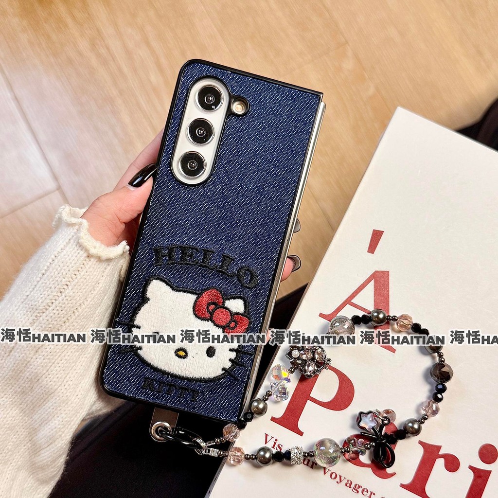 Thích Hợp Cho Samsung Galaxy Z Flip7 Flip6 Blue Cowboy Thêu Vòng Tay Mèo Vỏ Điện Thoại Cho ZFlip 7 6 5 4 3 5G N3Flip MixFlip Dây Gấp Bảo Vệ Cứng
