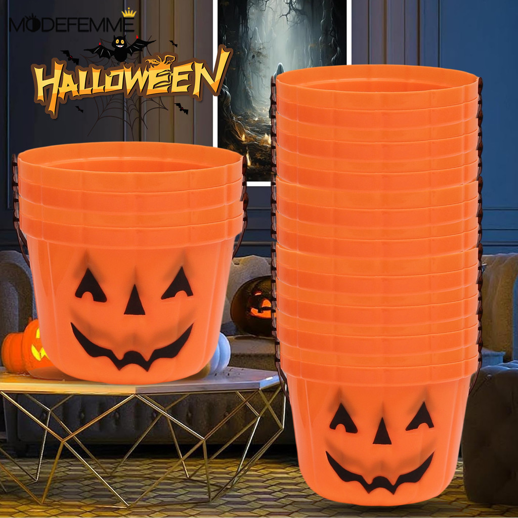 [H & L] Giỏ kẹo mặt bí ngô | Xô Halloween có tay cầm chắc chắn, dung tích lớn 19cm để thu thập lừa hoặc xử lý, trang trí màu vàng
