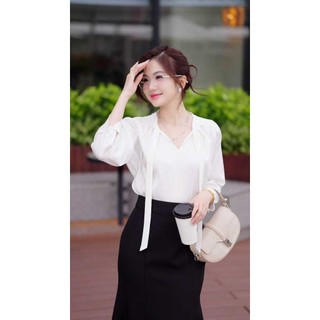 Áo sơ mi LA459 tay dài dáng rộng cổ tim mềm mại chụp ảnh siêu xinh