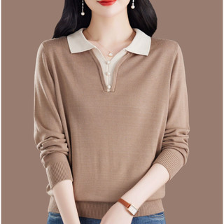 Áo Len Dài Tay Nữ Mẹ Mùa Xuân Thu Đi Lại Cổ Áo Polo Rời Top