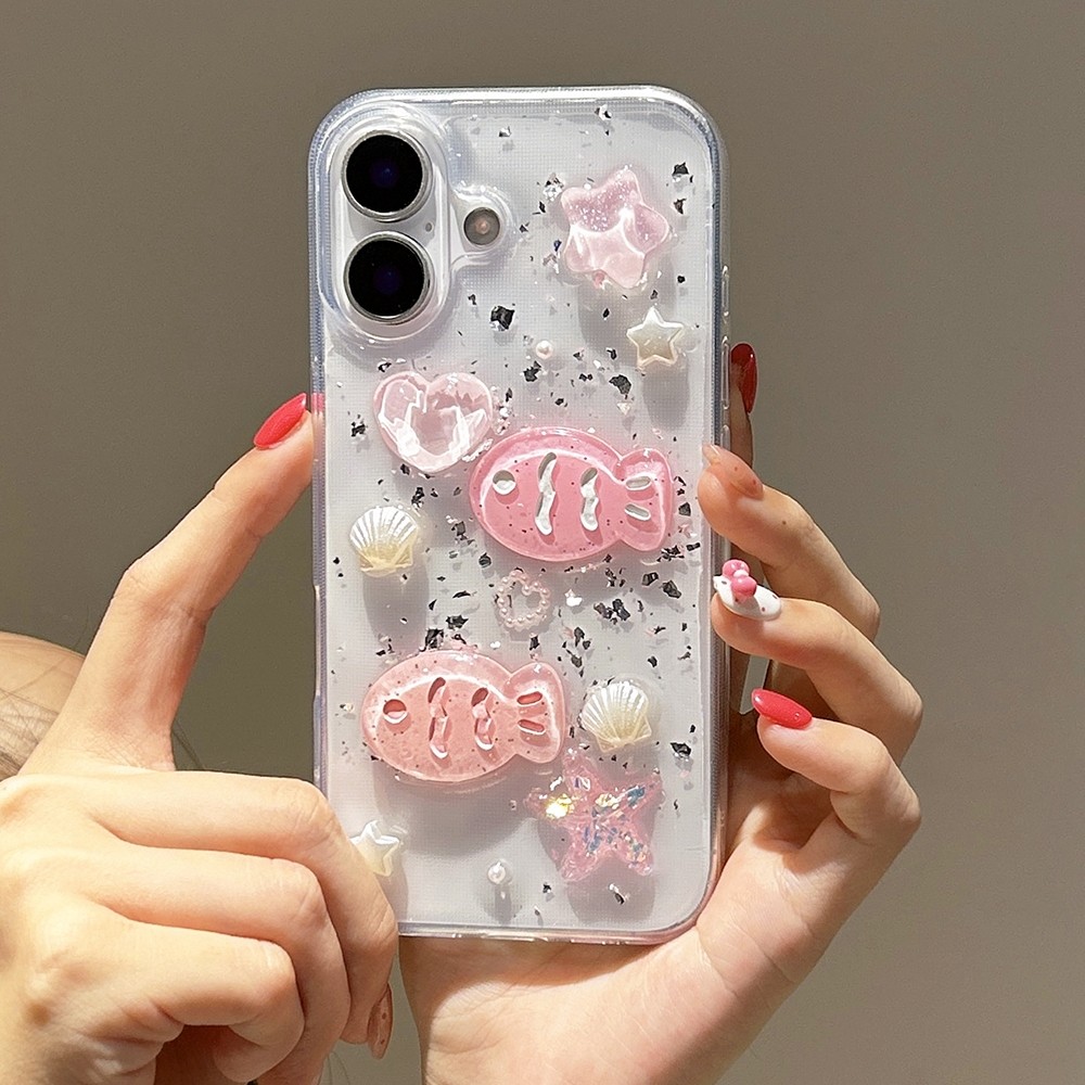 3D Vỏ Hồng Cá Bạc Lá Nhựa Ốp Lưng Điện Thoại iPhone 17 Pro Max 16 15 14 13 12 11 Vỏ Bảo Vệ Chống Sốc