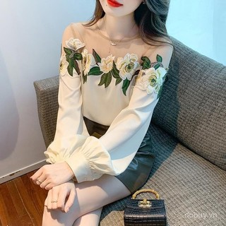 Áo sơ mi nữ thiết kế độc đáo lưới bảng, phong cách mới với họa tiết hoa thêu sang trọng