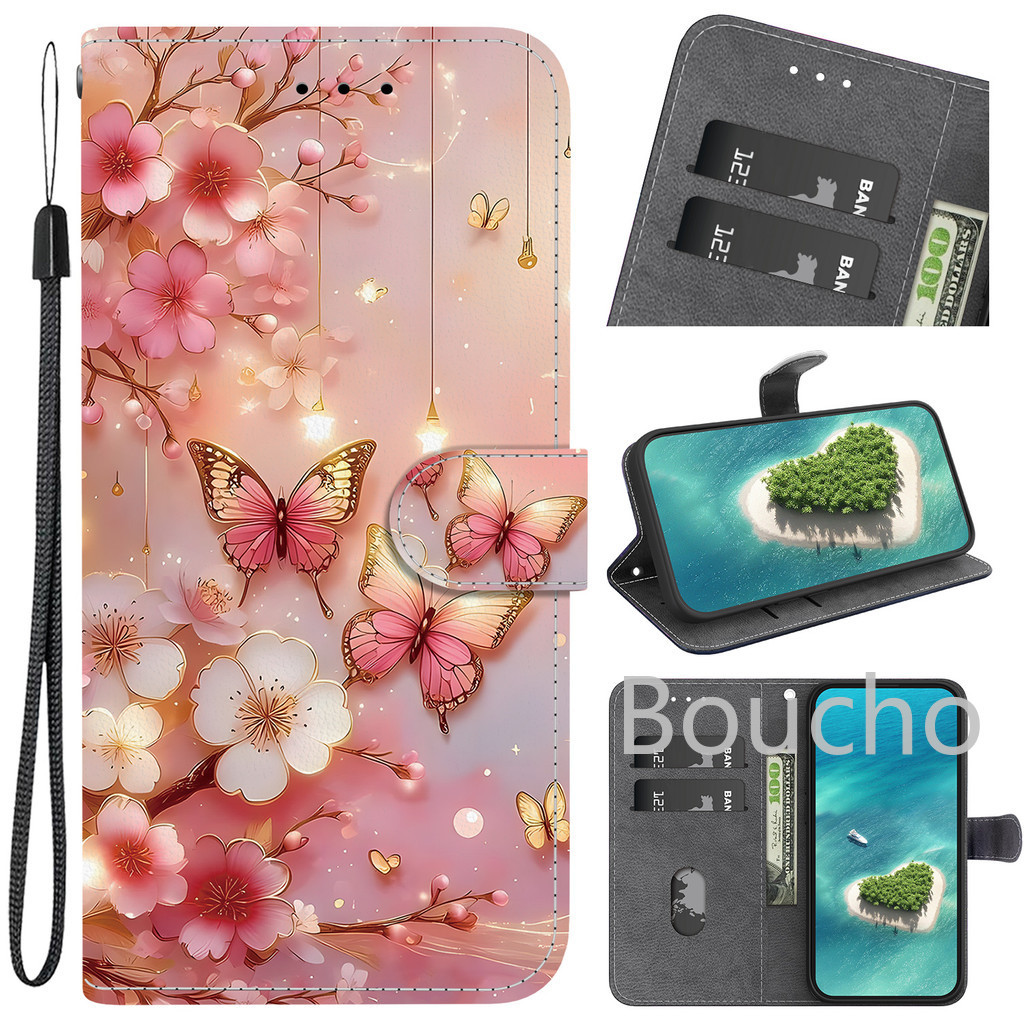 Dành Cho OPPO A5 A5X A5i A3 A60 A79 A18 A38 A58 A78 A17 A17K A57 A77 A77S A16 A54 A55 A96 A76 A74 A95 A52 A92 4G 5G Hồng Bơ Hoa Hồng Ví Lật Bao Da Thẻ Điện Thoại