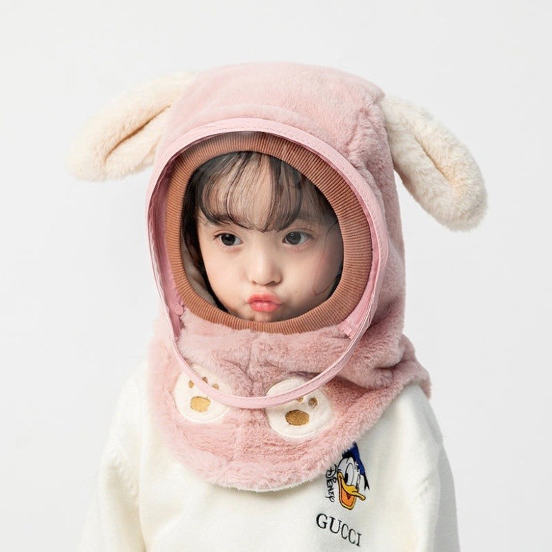 Mũ Len Lông Cừu Trùm Đầu Kèm Kính Chắn Gió Chống Bụi Bảo Vệ Bé Nón Len Mềm Mịn 2in1 Cho Bé 2-6 tuổi