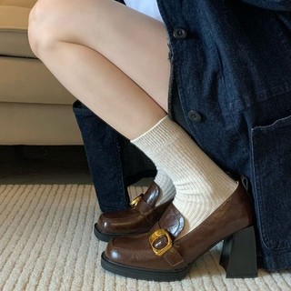 Loafers nữ mũi vuông, gót dày, phong cách Anh, da nhỏ, slip-on Mary Jane