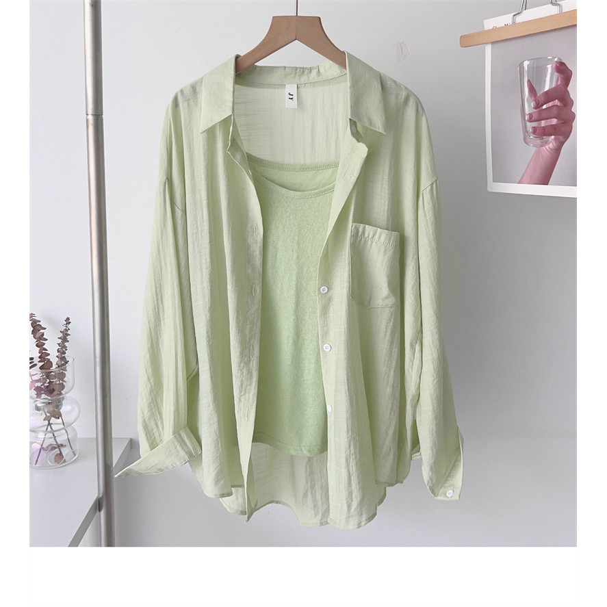 Suxi Đơn Giản Màu Trơn Thường Ngày Mới Rời Cổ Thời Trang Áo Sơ Mi Tay Dài Nữ Top 240709
