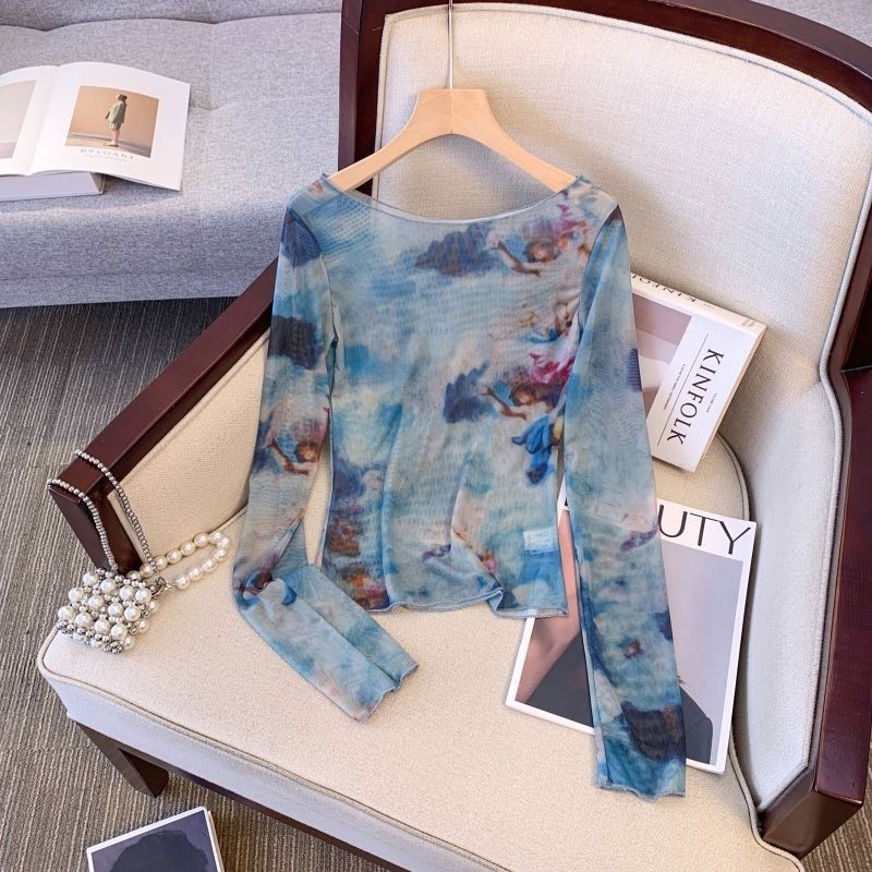 Milyfashion  Mesh Tie-Dye Printing  off-Shoulder T  Summer  Slim Fit  Chic Long Sleeve Sun Protection