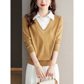Giả Hai Mảnh Top Nữ Xuân Thu Phong Cách Phương Tây Đan Quần Áo Mùa Thu 2024 Phong Cách Mới Thu Đông Thời Trang Áo Sơ Mi Nữ Cổ Áo Len