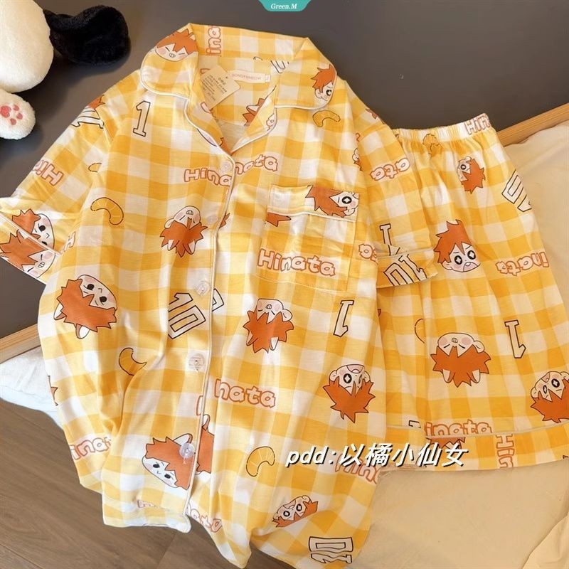 Bóng chuyền Thiếu Niên Checkered Hyuuga Shoyo Bộ Đồ Ngủ Nữ Mùa Hè Mới Tay Ngắn Rời Homewear Phù Hợp Với