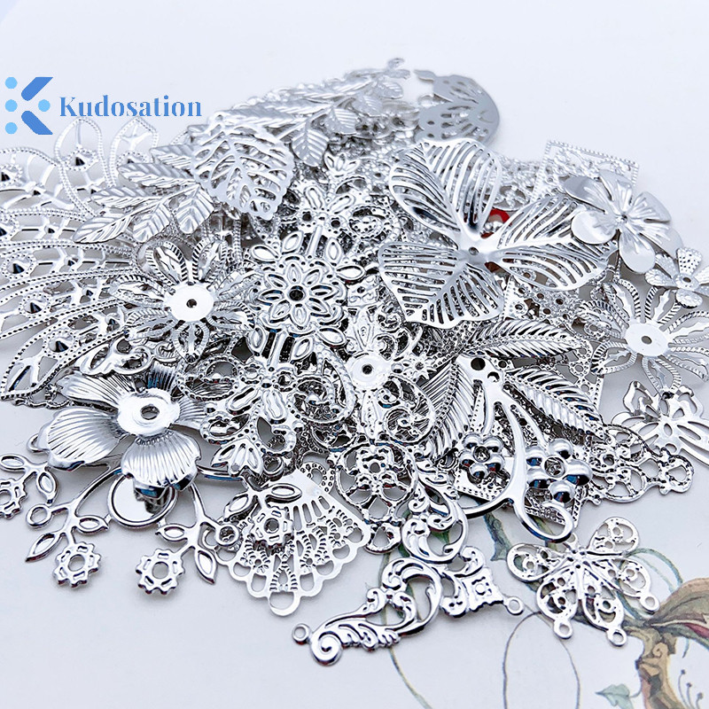 Kudosation 50g / lốc Hỗn Hợp Kim Loại Hoa Lá Filigree Quấn Kết Nối Mặt Dây Chuyền Hạt Mũ Ch Cho DIY Trang Sức Làm Đồ Thủ Công