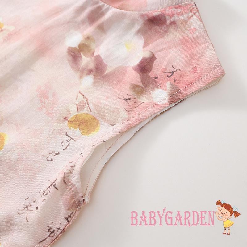 Baga-kids Cô Gái Qipao Đầm Phong Cách Trung Hoa In Tre Thắt Nơ Giả Cổ Không Tay Mùa Hè Xe Tăng Đầm