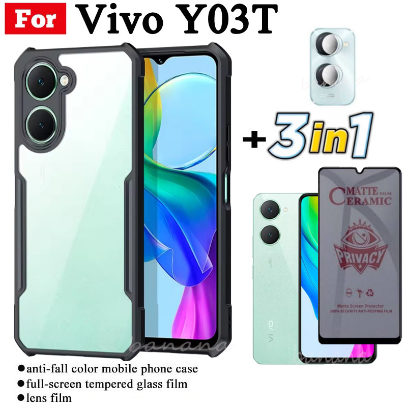 Ốp Điện Thoại Chống Sốc 3 Trong 1 Vivo Y03T Cho Vivo Y28 Y18 Y03 Chống Gián Điệp Mềm Gốm Mờ Riêng Tư Kính Cường Lực
