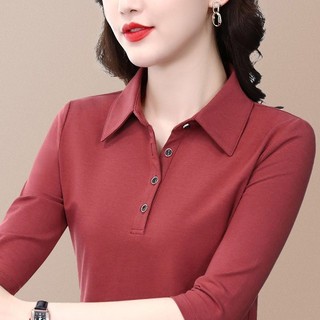 Cotton Nguyên Chất Cổ POLO Dài Tay Chính Hãng Vai Áo Thun Nữ Xuân Thu Phong Cách Mới Trung Niên Mẹ Mặc Tất Cả @