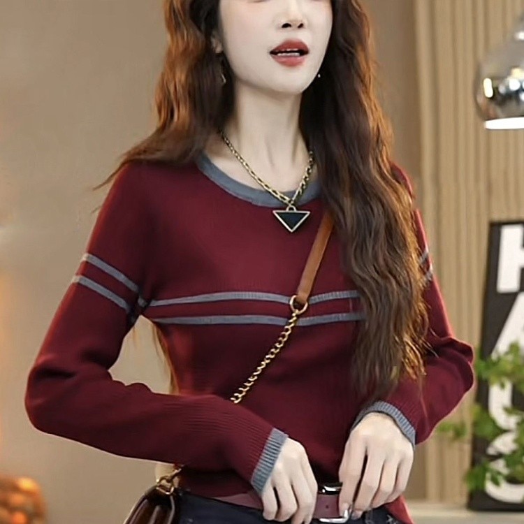 Áo dệt kim ghép sọc áo len tôn dáng dài tay mẫu mới mùa thu cho nữ áo mặc trong phối bên trong