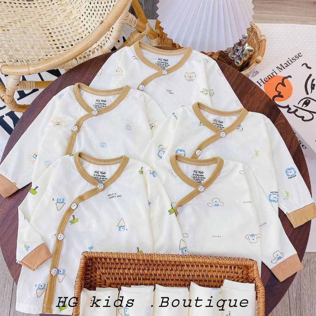 Combo 5 Bộ dài tay tăm lạnh thu đông HG cho bé sơ sinh in hoạ tiết dễ thương mềm mịn 3-9kg Đậu Đậu Store TAML06
