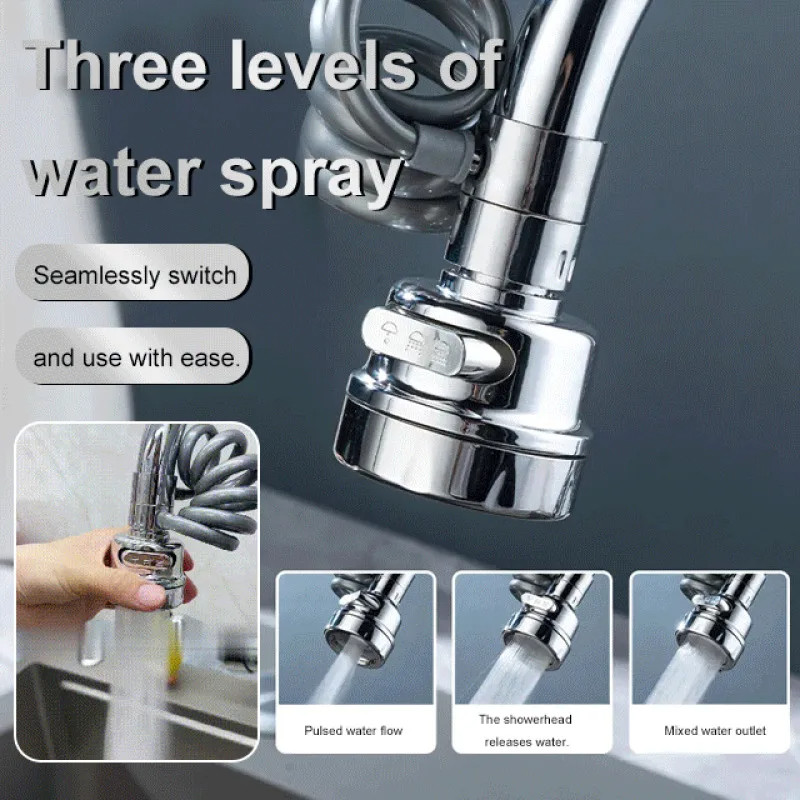 Vòi bếp kéo đa năng 3 chế độ bằng thép không gỉ 360°Xoay Kéo Ra Vòi Bồn Rửa Nước Tập Khớp Chống Bắn Hiện Vật Phụ Kiện Phòng Tắm