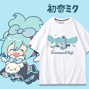 Áo thun cỡ lớn cotton in Hatsune Miku Cinnamon Dog dáng rộng cổ tròn mùa hè, phù hợp cho nam nữ, cặp đôi mặc