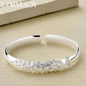 Mới Bạc 925 Thanh Lịch Con Công Mở Màn Hình Vòng Tay Lắc Tay Cho Nữ Trang Sức Thời Trang