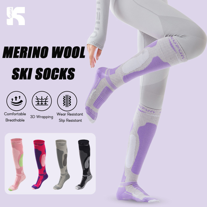 Tất trượt tuyết chuyên nghiệp KUFUN, Tất tuyết len Merino ống dài, dày, chống mài mòn, ấm áp đi bộ đường dài ngoài trời