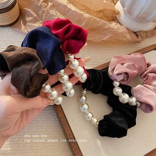 Phụ kiện tóc ngọc trai nhung, dây co giãn đa năng màu đen hồng, phong cách công chúa Hàn Quốc, handmade