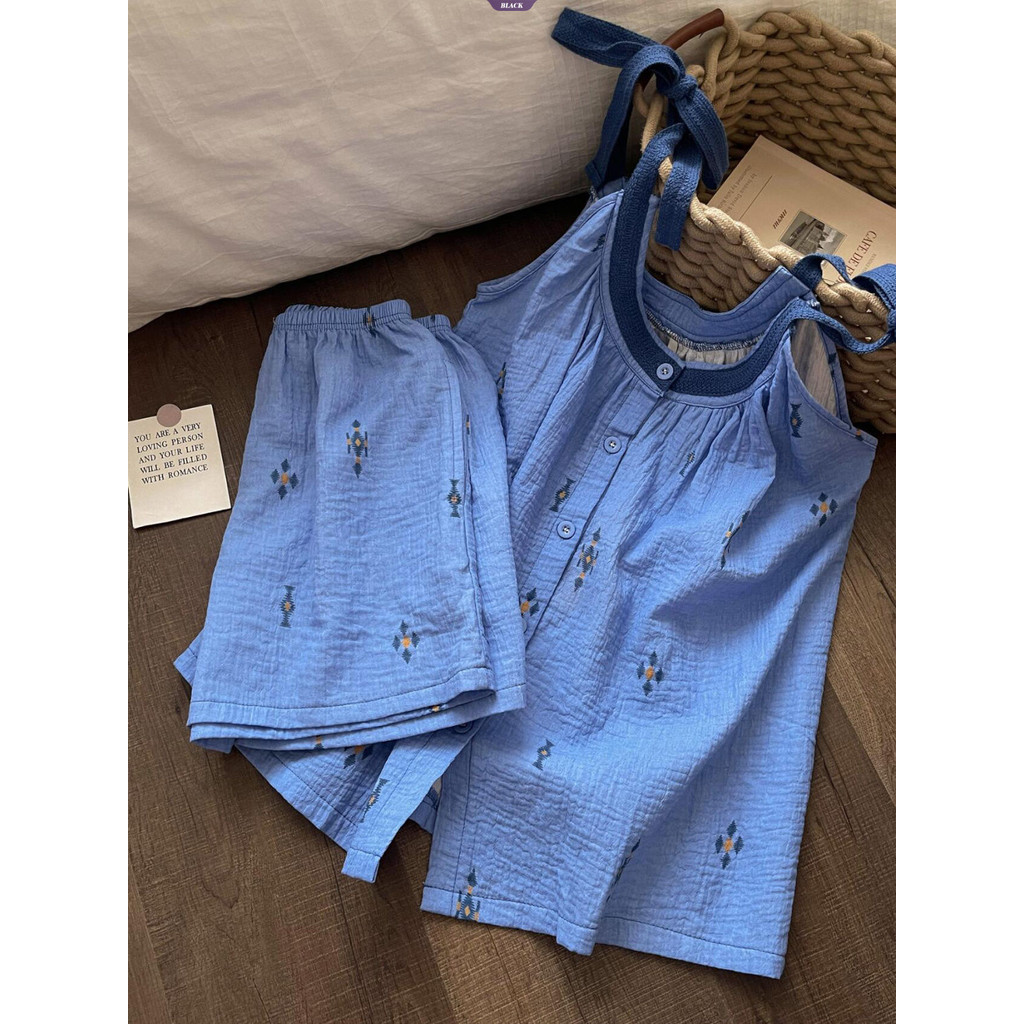 Bộ đồ ngủ in hình màu xanh cho nữ mùa hè Quần short yếm không tay thông thường Bộ đồ mặc nhà [BL]