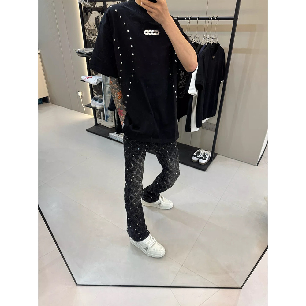 Quần jean nam bootcut cá tính kim cương đinh rách, quần thường ngày