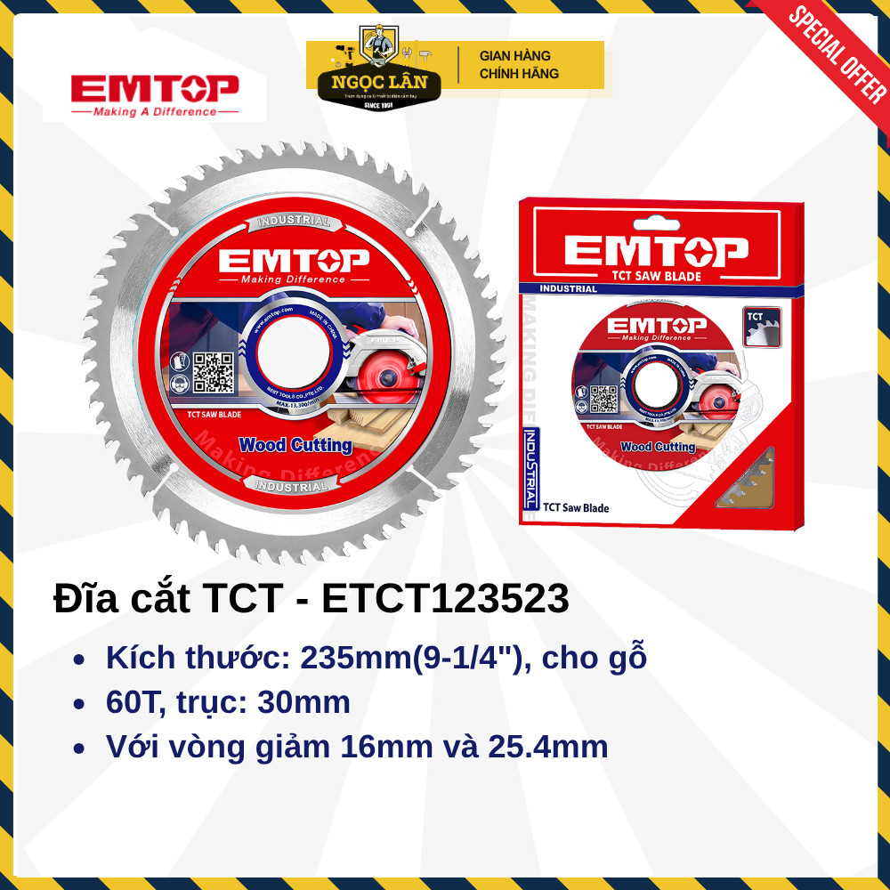 [Chính hãng] Lưỡi cắt gỗ hợp kim TCT EMTOP nhiều kích thước 185mm, 235mm, 254mm cao cấp