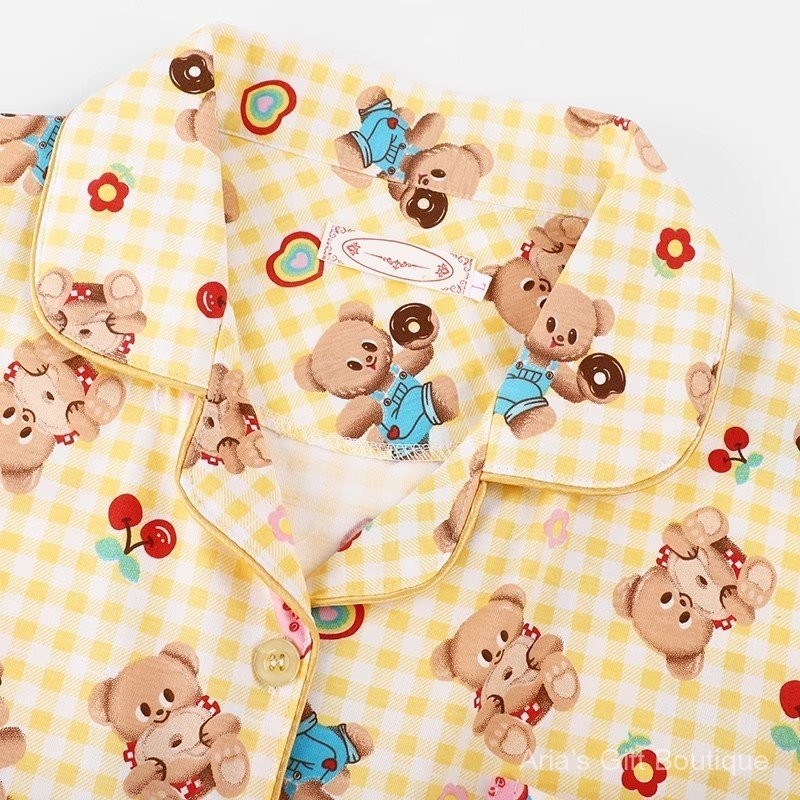 Bộ Đồ Ngủ Gấu Bông Cotton Nguyên Chất Cho Mùa Hè, Màu Vàng Kẻ Sọc Dễ Thương