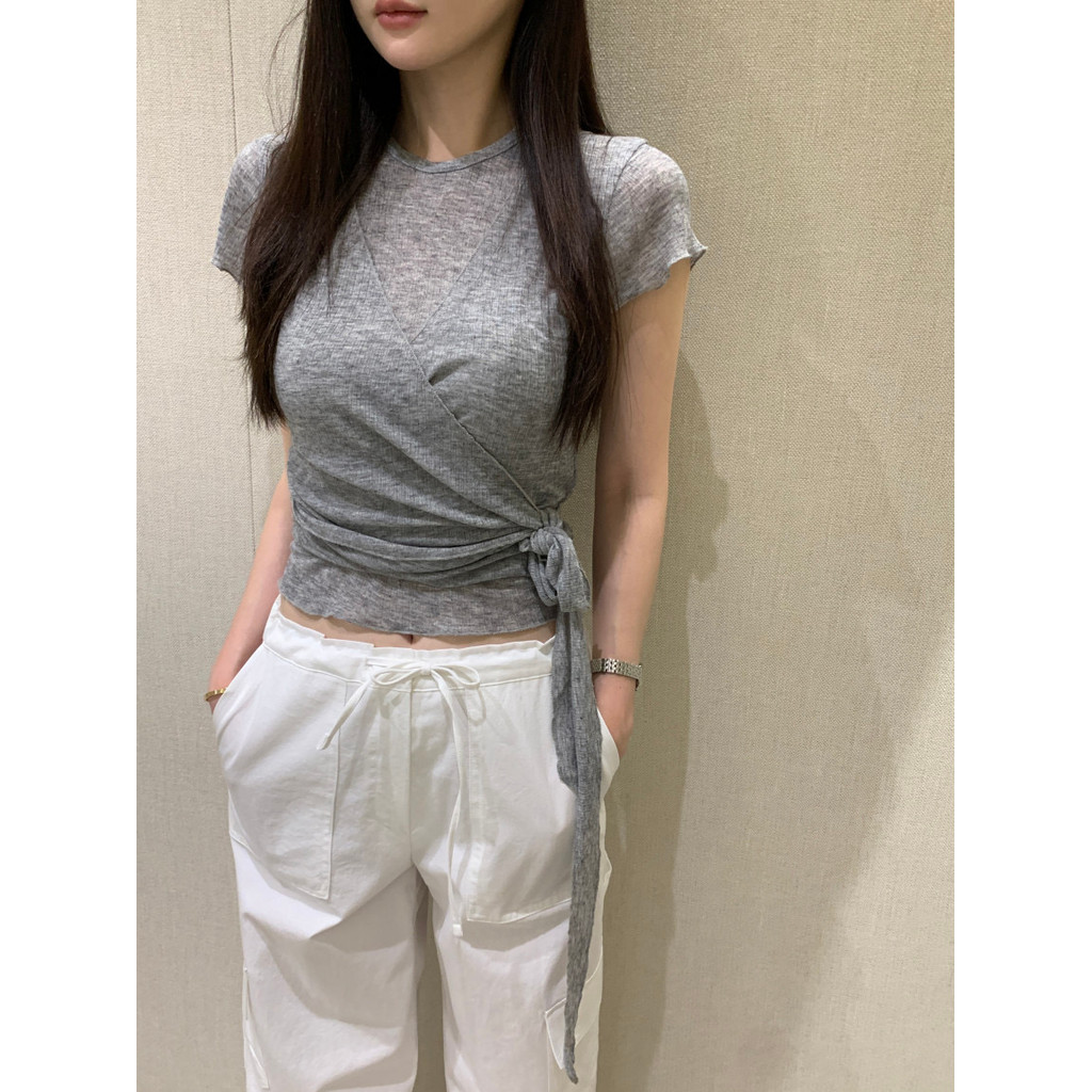 SUXI Áo thun nữ màu trơn đơn giản và bộ đồ buộc dây - xu hướng mới mùa hè