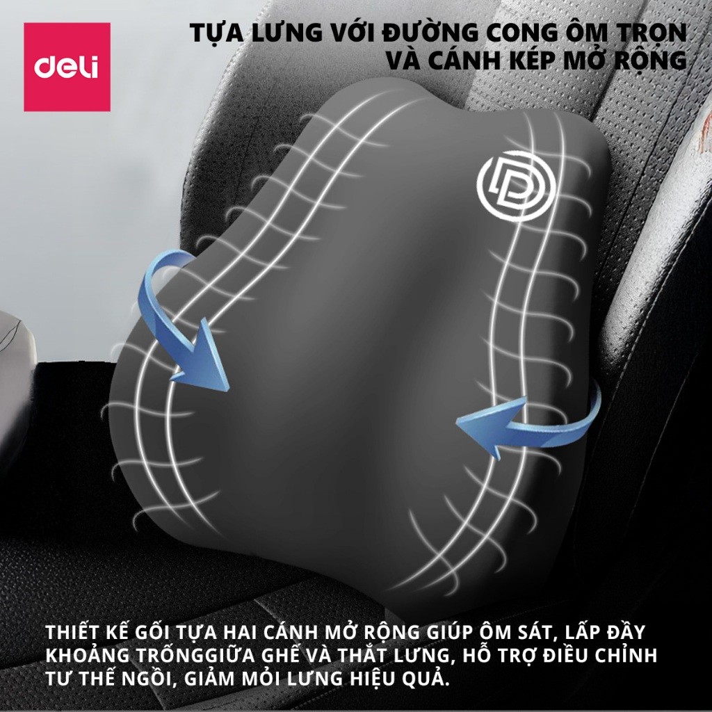 Tựa lưng Deli Giảm Đau Mỏi, Hỗ Trợ Cột Sống dành cho Ô tô, ghế Văn Phòng, Thiết Kế Công Thái Học Điều Chỉnh Tư Thế Ngồi