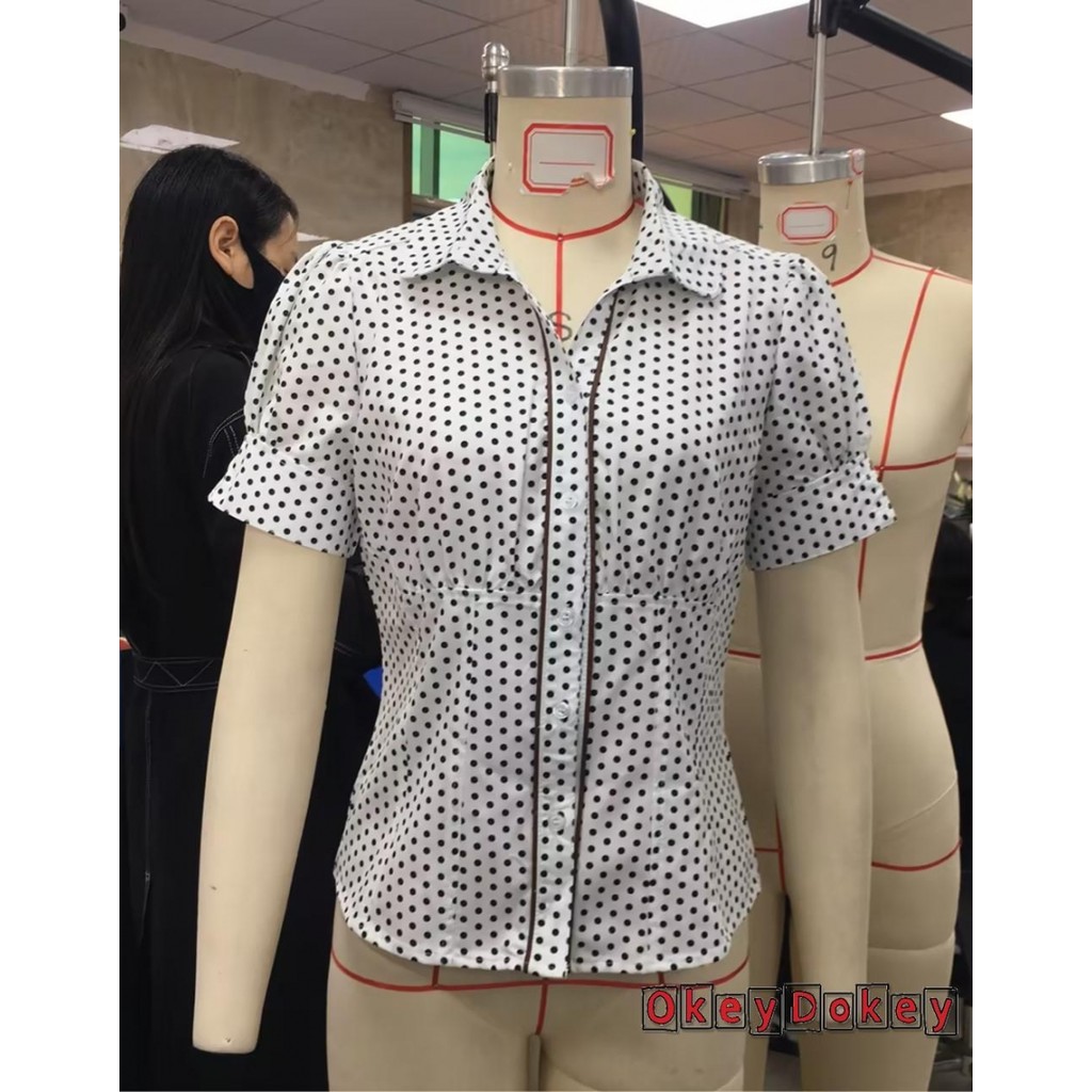 Áo sơ mi Polo nữ tay ngắn họa tiết chấm bi cổ điển