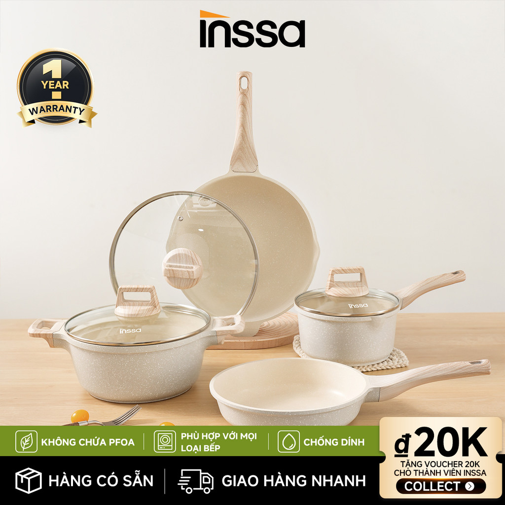Inssa Bộ Nồi Chảo Chống Dính 4 Món Dòng Vanilla Ice Cream Kích Thước Size 18-24-28cm GUOJ030