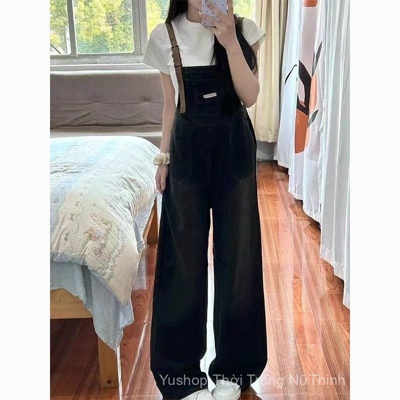[Yu]Trang phục học viện mùa hè, yếm jean cổ điển, áo thun trắng tay ngắn, trẻ trung dễ mặc.